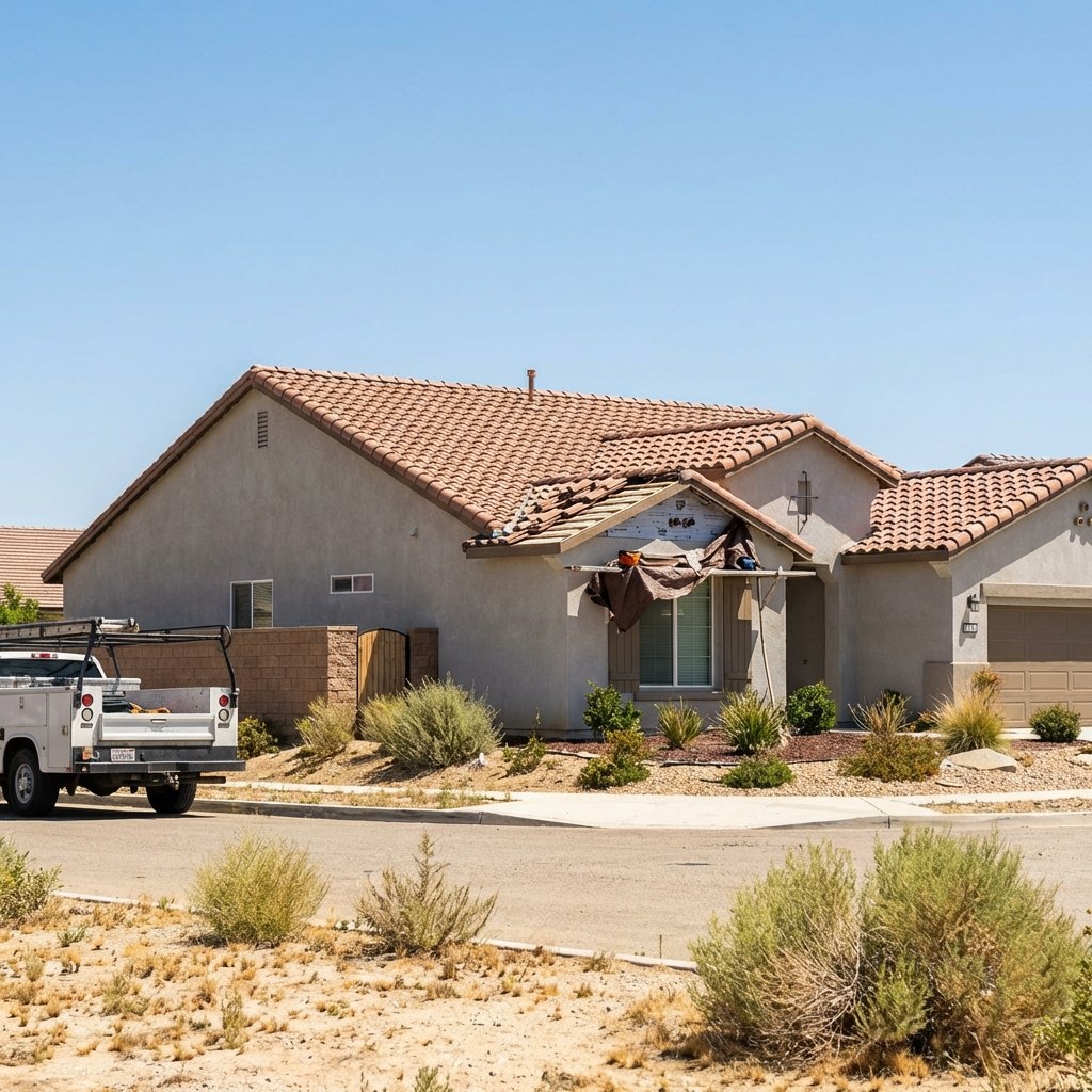 Before and after roof repair project on a home in Palmdale, California