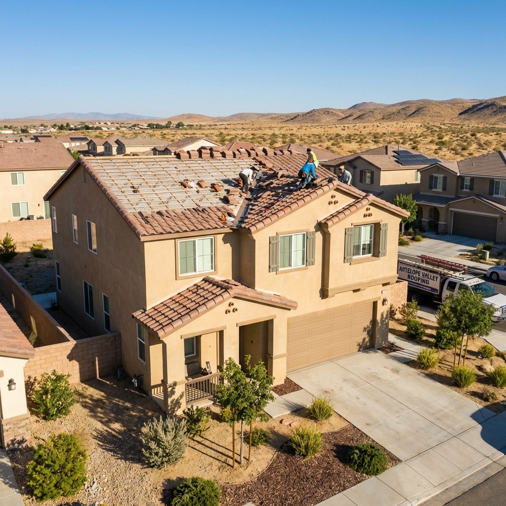 Roof repair project in a Palmdale neighborhood