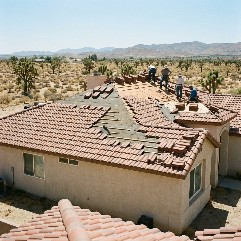 Tile roof underlayment repair on a home in Palmdale, California